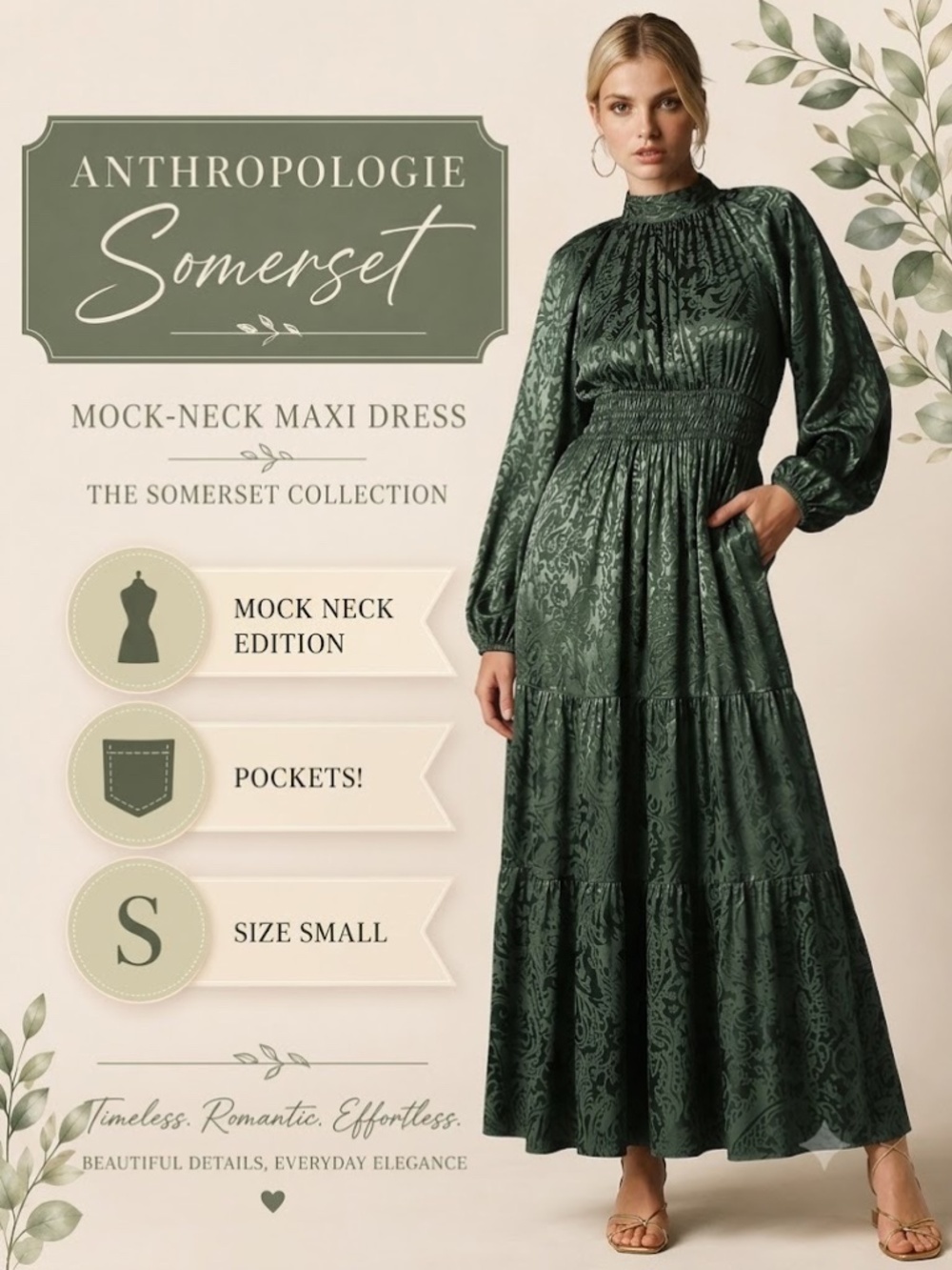 🌿 Anthropologie The Somerset Collection Mock-Neck Maxi Dress | Size Small |